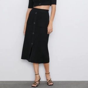 Zara Black Ribbed Button Down Midi Dress | S